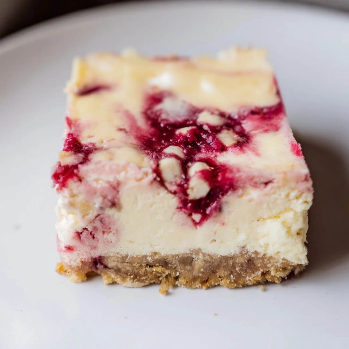 Freshly sliced Raspberry White Chocolate Cheesecake bars display a marbled pink swirl and white chocolate chunks on a graham cracker crust.