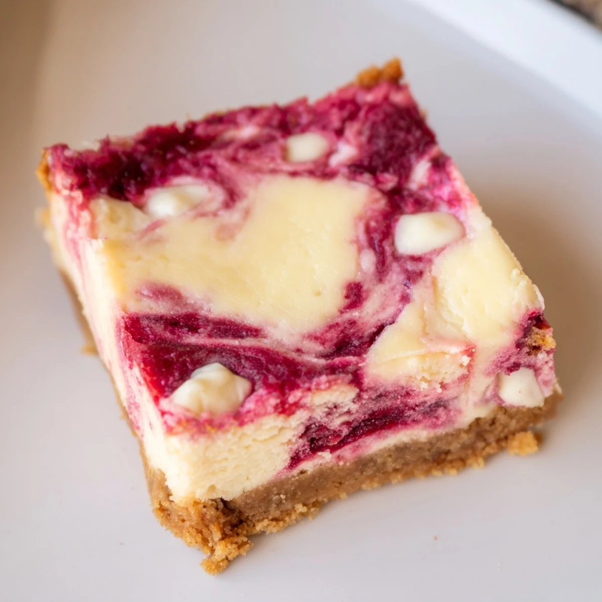 Overhead view of Raspberry White Chocolate Cheesecake bars topped with fresh raspberries and a drizzle of white chocolate ganache.