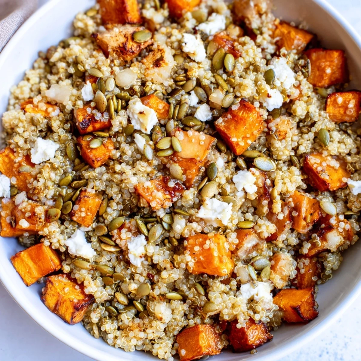 Fluffy quinoa salad loaded with roasted carrots, parsnips, and sweet potatoes, topped with parsley and pumpkin seeds.