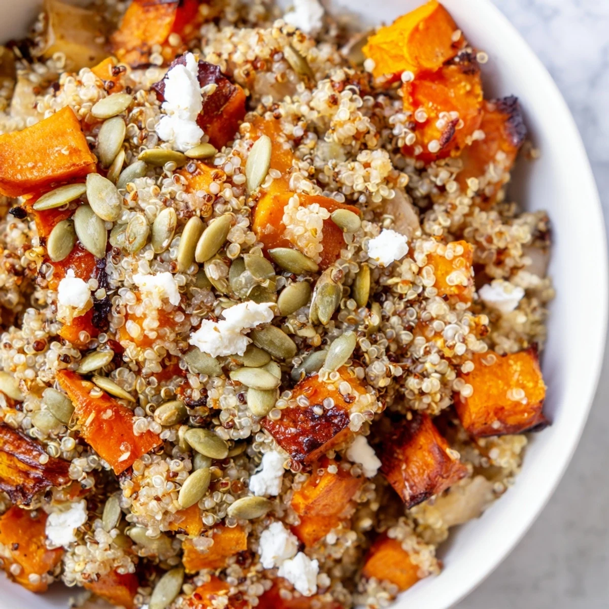 Savory warm quinoa salad with caramelized root vegetables and tangy vinaigrette, served as a hearty vegetarian main.