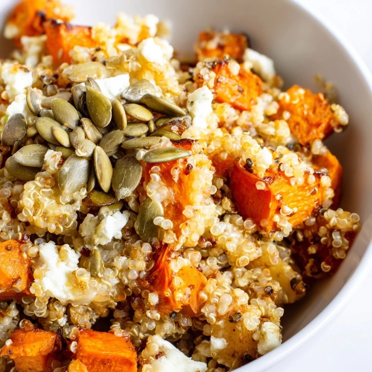 Healthy gluten-free quinoa bowl with golden roasted root vegetables, fresh herbs, and crumbled feta for dinner.