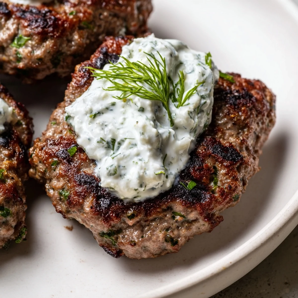 Golden brown Beef Kofta Kebabs with Cucumber Yogurt Sauce are served alongside warm pita bread and fresh herbs.