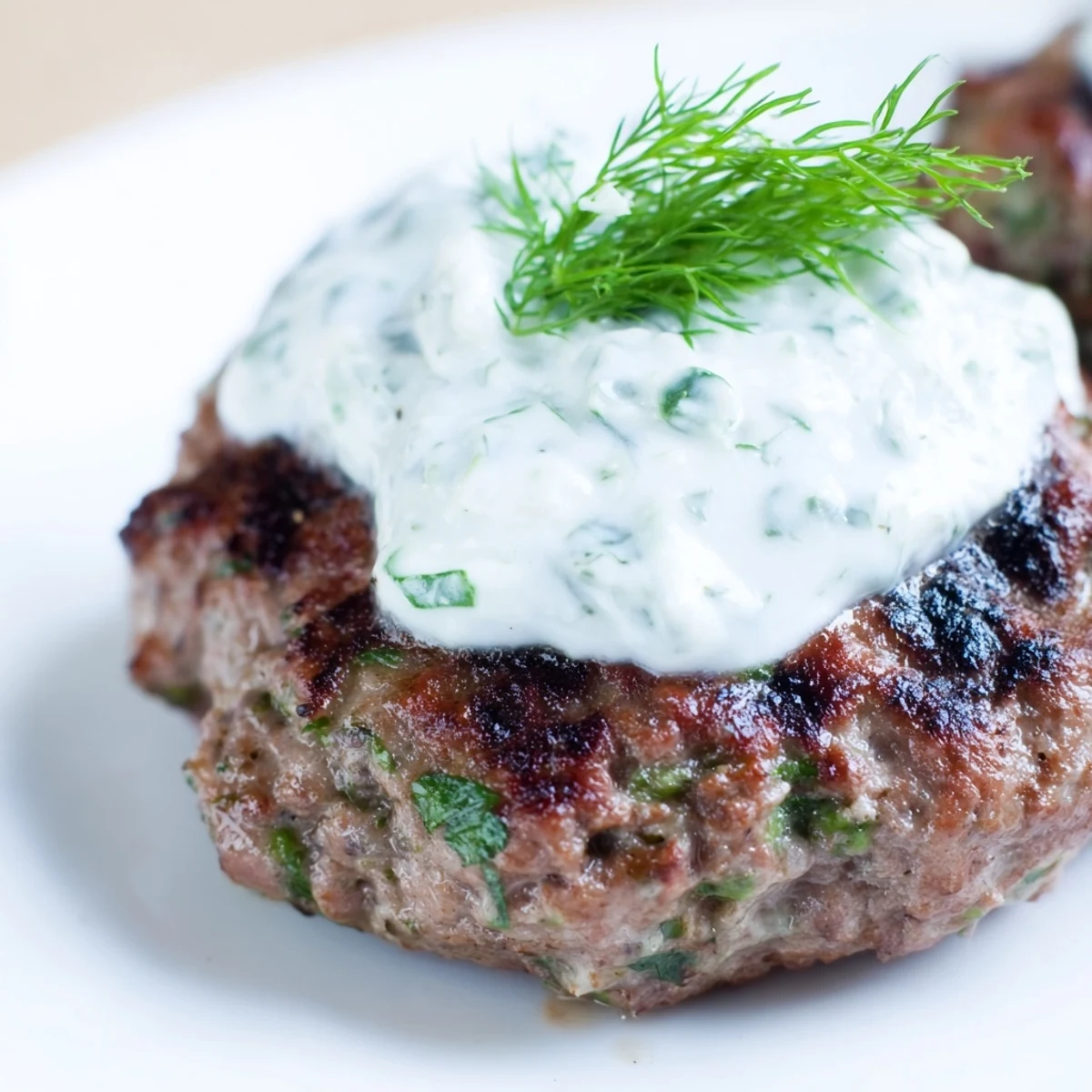 A close-up shot of juicy Beef Kofta Kebabs dipped into creamy Cucumber Yogurt Sauce with lemon wedges.