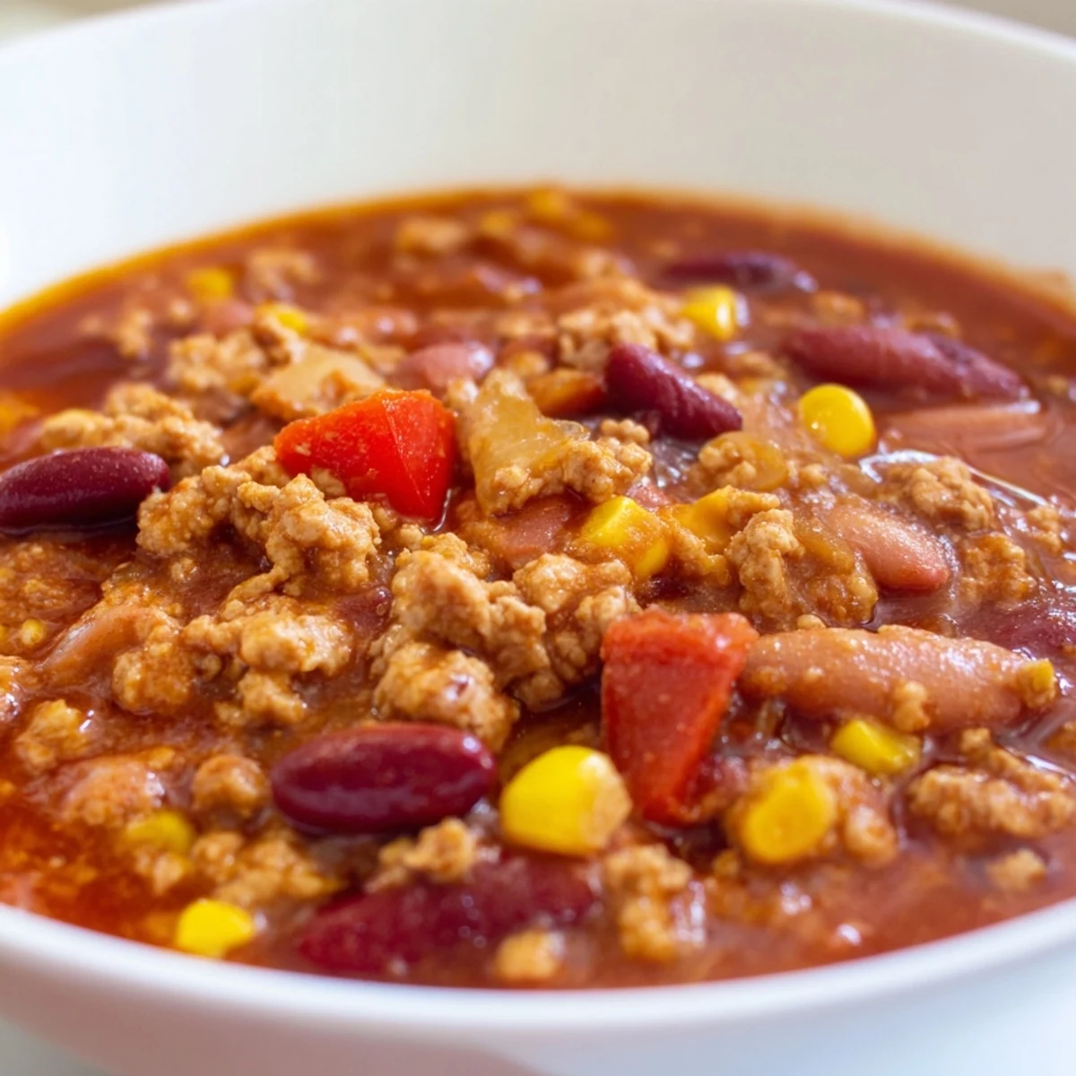 A steaming bowl of Turkey Chili with Kidney Beans and Corn, topped with fresh cilantro and a lime wedge, ready to serve.