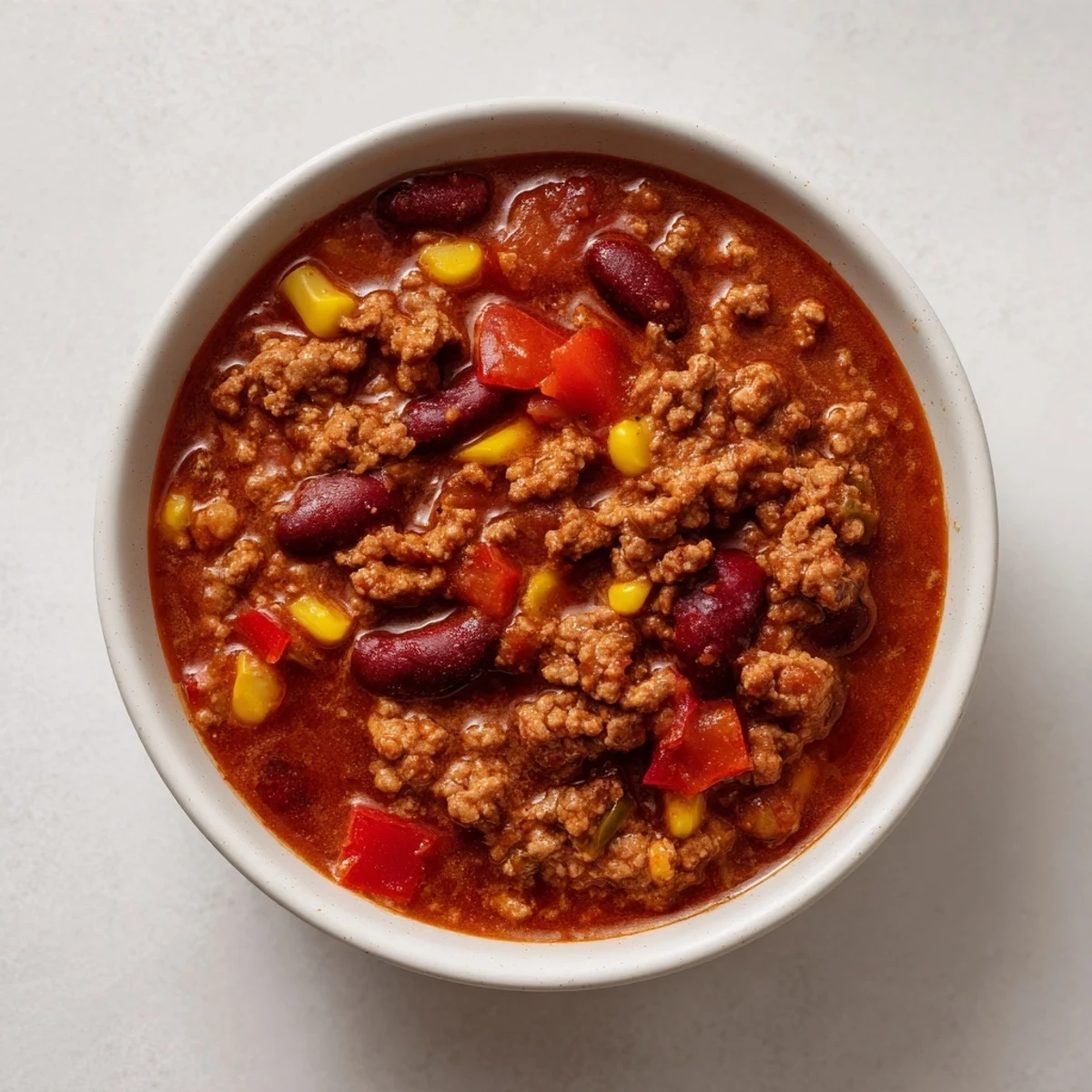 Hearty Turkey Chili with Kidney Beans and Corn simmering in a Dutch oven with fresh diced vegetables and spices.