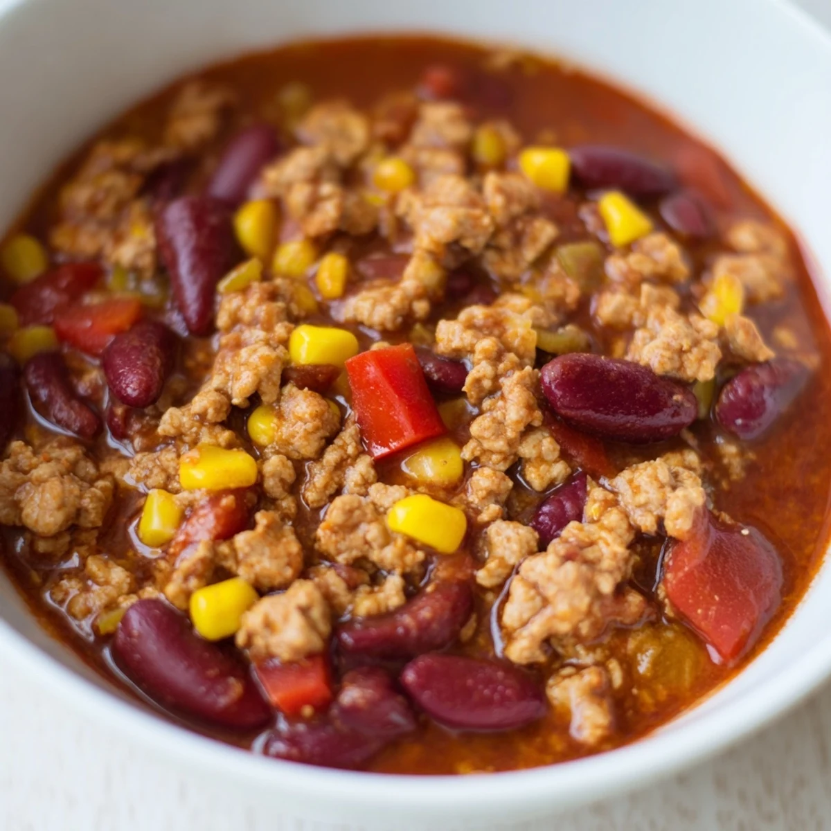 Ground turkey, kidney beans, and sweet corn create a comforting Turkey Chili with Kidney Beans and Corn in a rustic ceramic bowl.