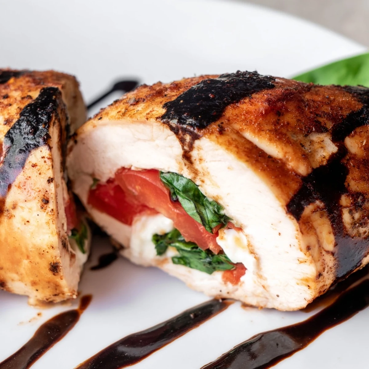 Caprese Stuffed Chicken Breast with Balsamic topped with fresh basil and a glossy glaze, served on a white plate.