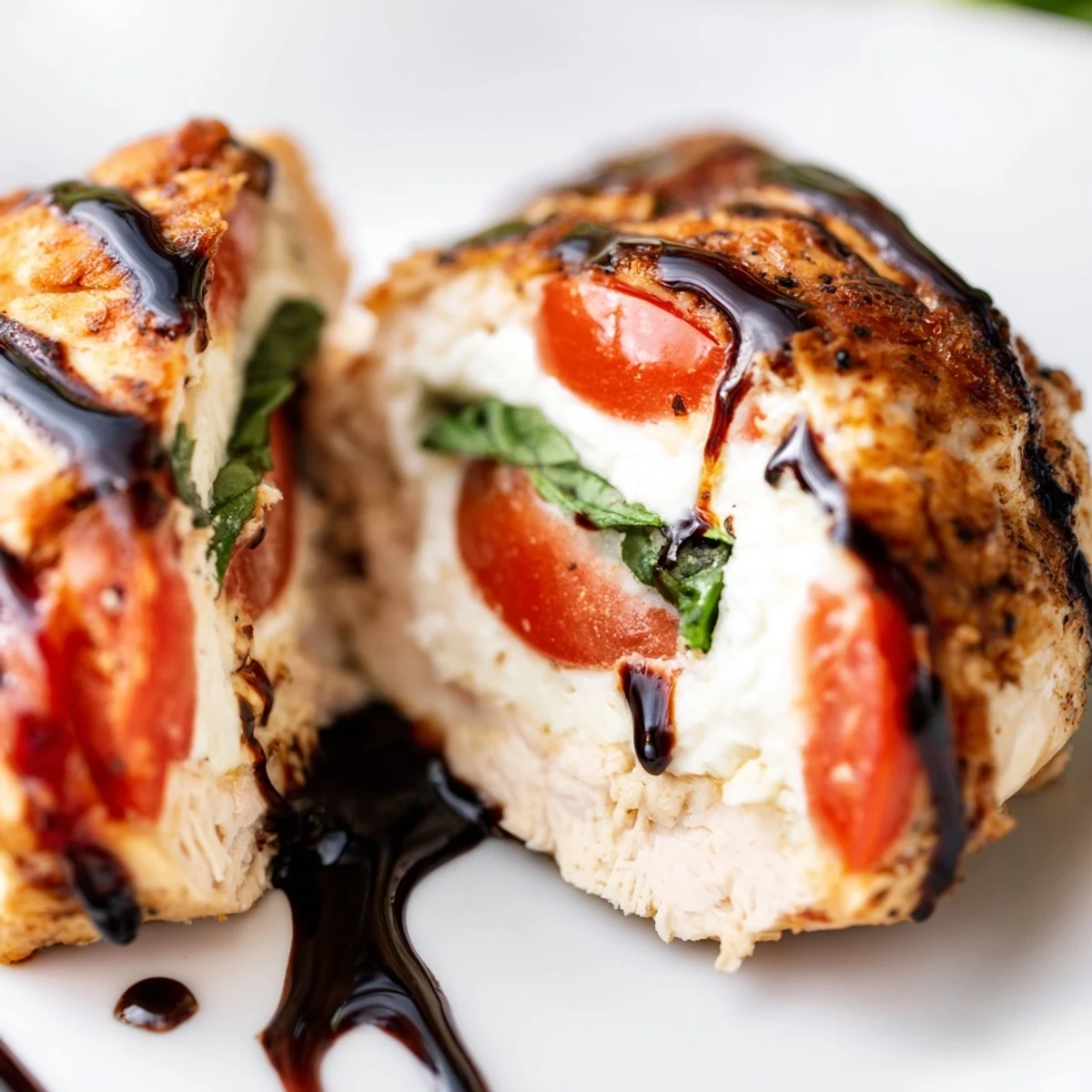 Juicy Caprese Stuffed Chicken Breast with Balsamic fresh from the oven, resting beside roasted cherry tomatoes and herbs.
