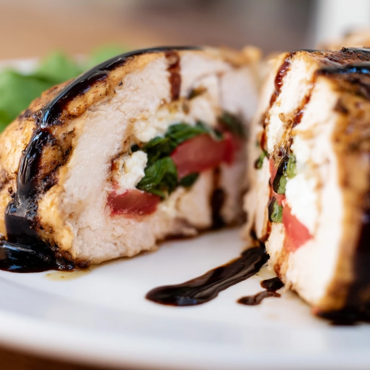Golden Caprese Stuffed Chicken Breast with Balsamic sliced open to reveal melted mozzarella and vibrant tomato, ready to serve.