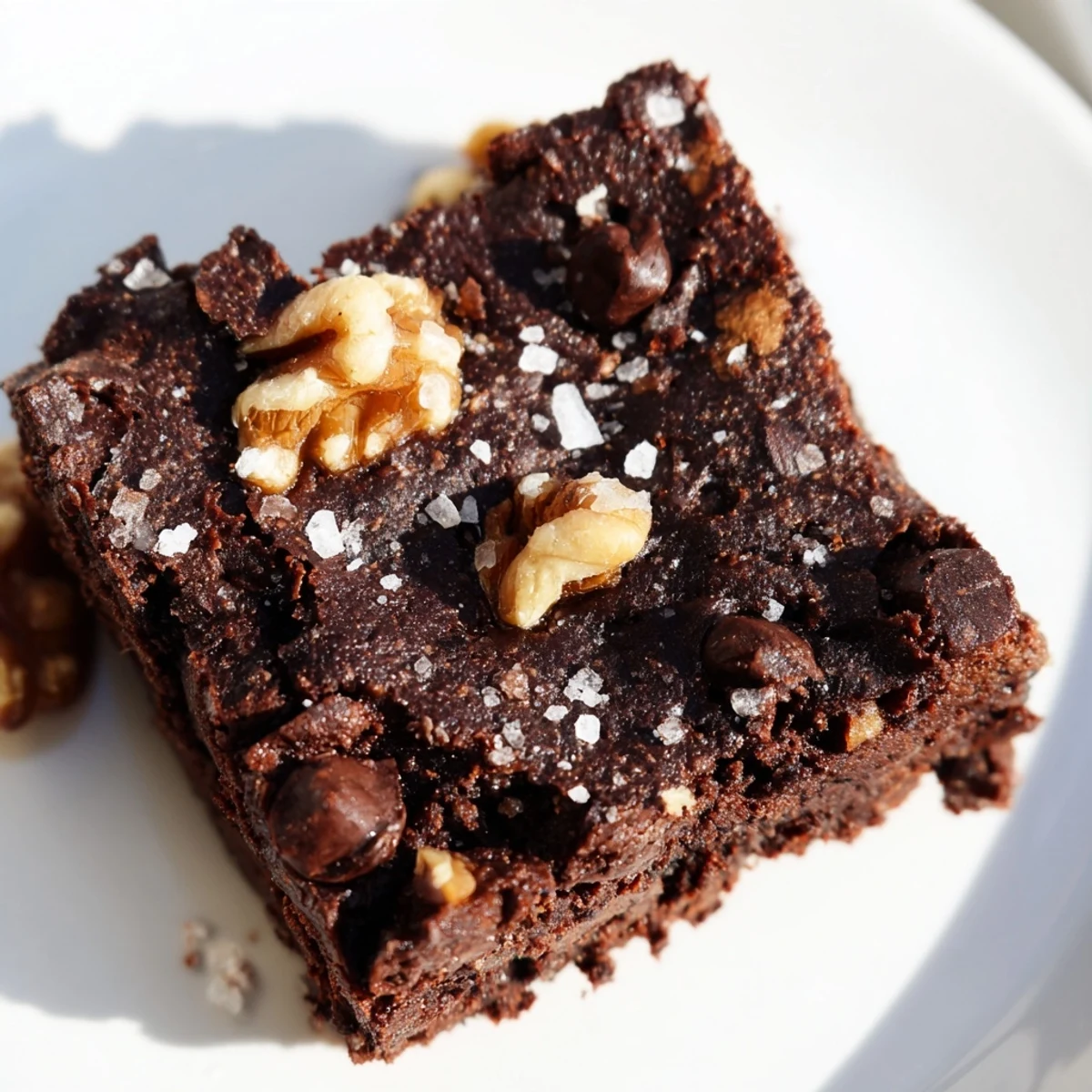 Freshly baked Gluten Free Almond Flour Brownies showing a moist, fudgy crumb and chopped walnuts.