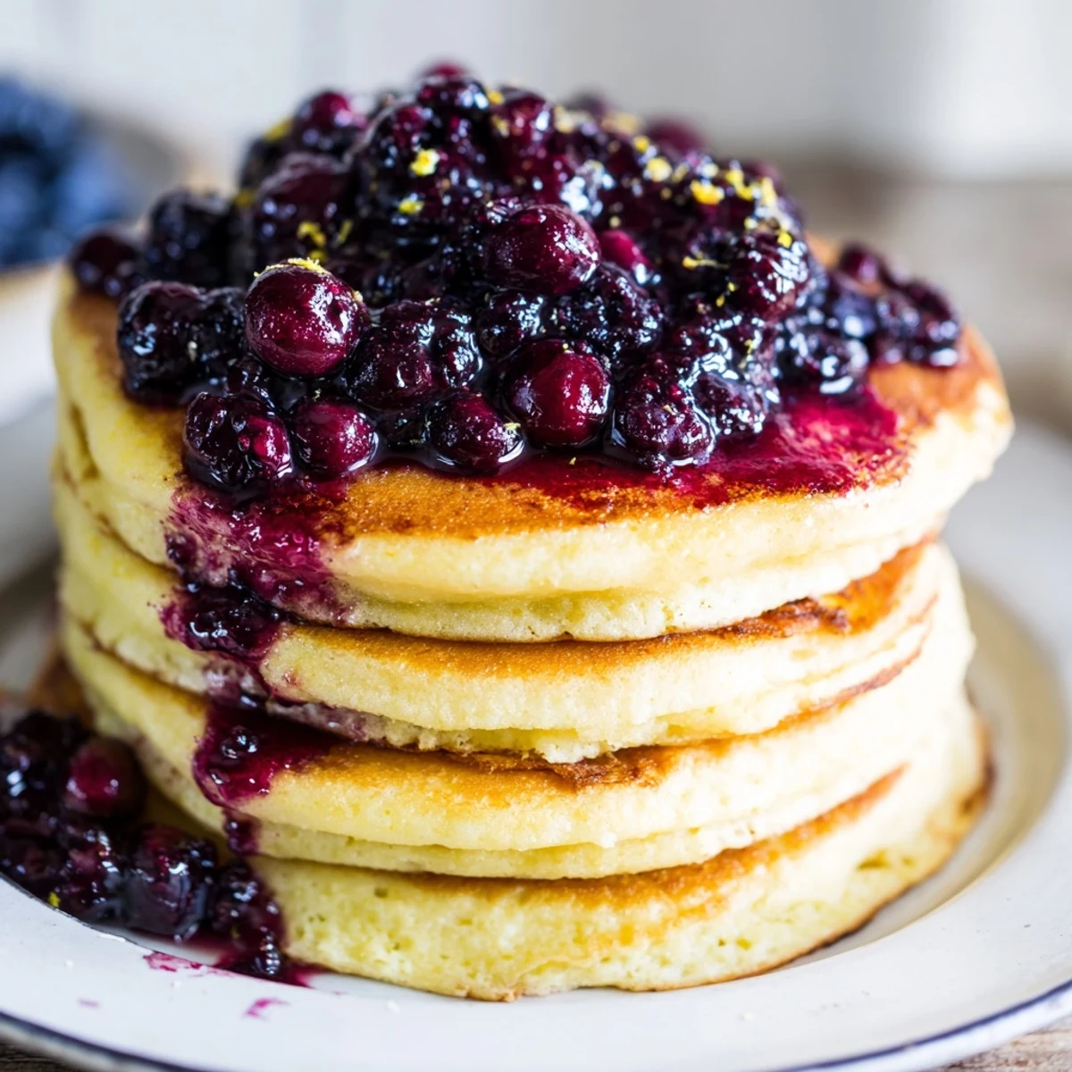 Golden Lemon Ricotta Pancakes topped with rich blueberry syrup are served alongside a steaming cup of coffee.