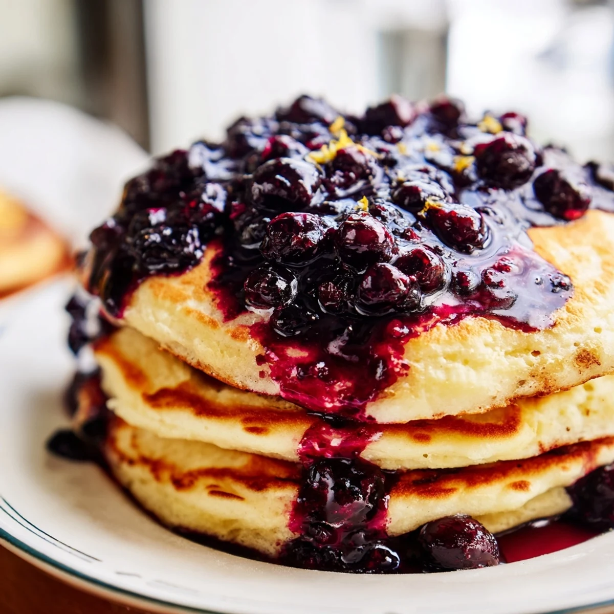Stacked Lemon Ricotta Pancakes with Blueberry Syrup glisten on a plate with fresh berries and lemon zest garnish.