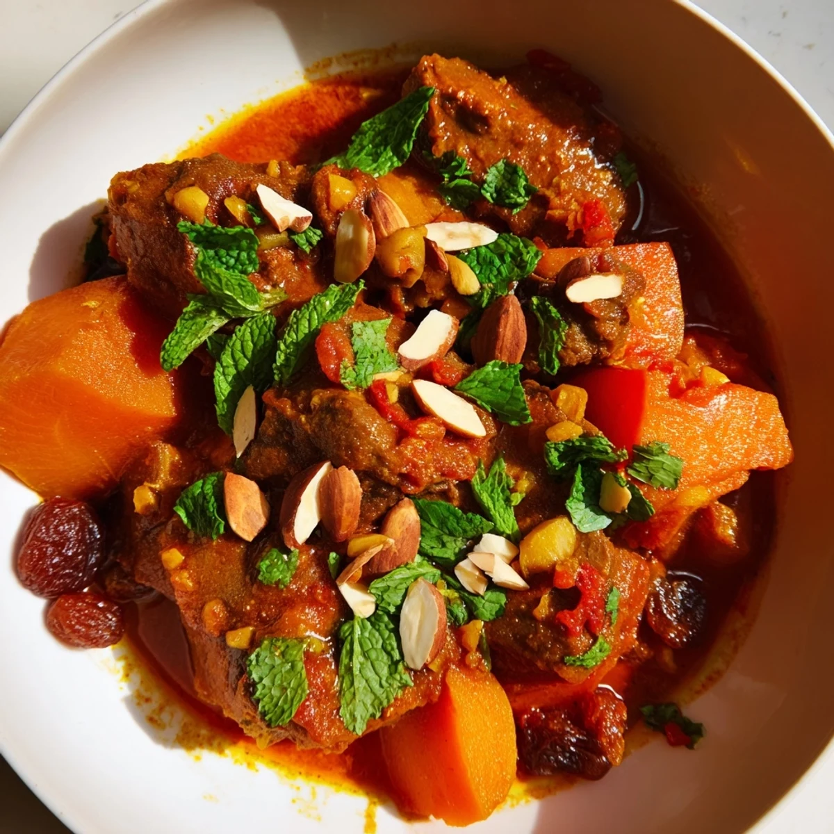 Fragrant Slow Cooker Moroccan Lamb Tagine bubbling in a cast iron dish with apricots and almonds