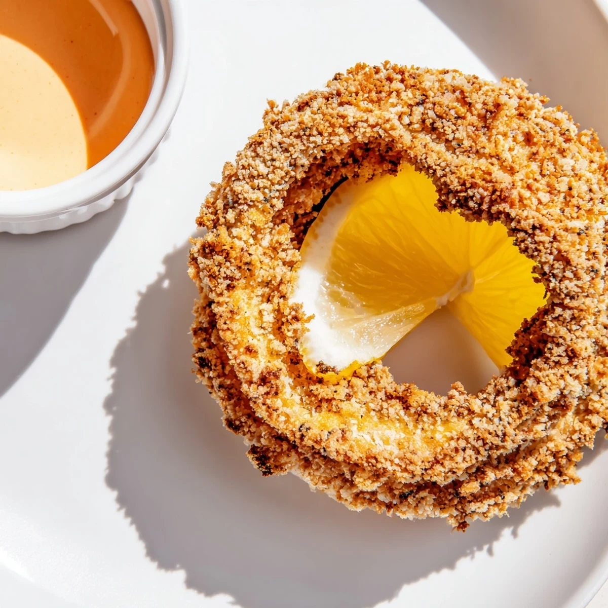 Golden Crispy Air Fryer Onion Rings with Dip ready to eat alongside a chilled glass of beer