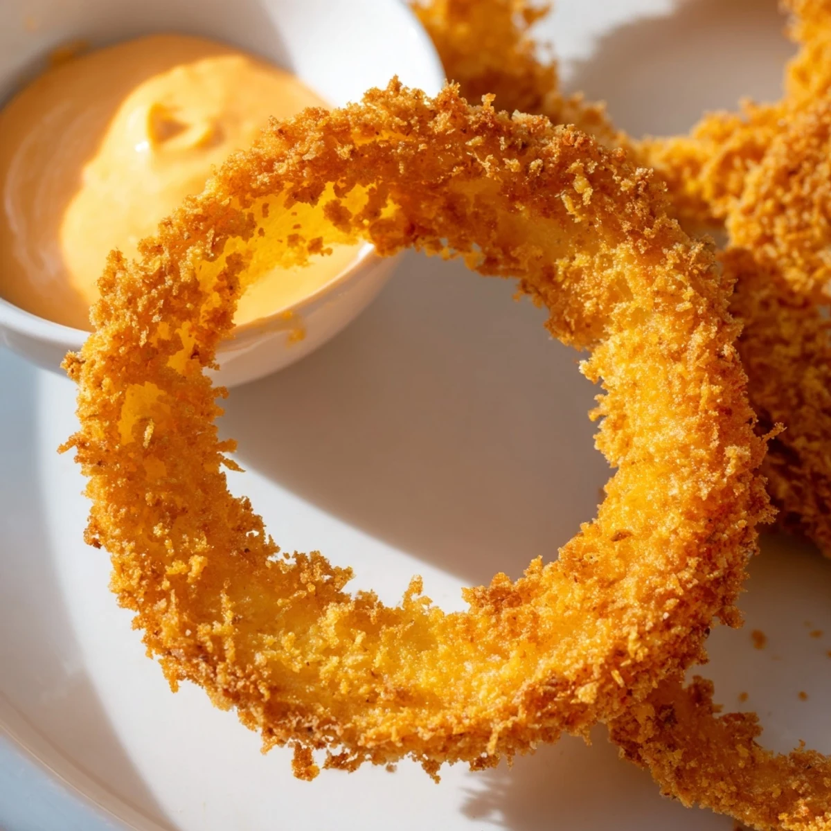 Freshly cooked Crispy Air Fryer Onion Rings with Dip served hot on a rustic plate with parsley garnish
