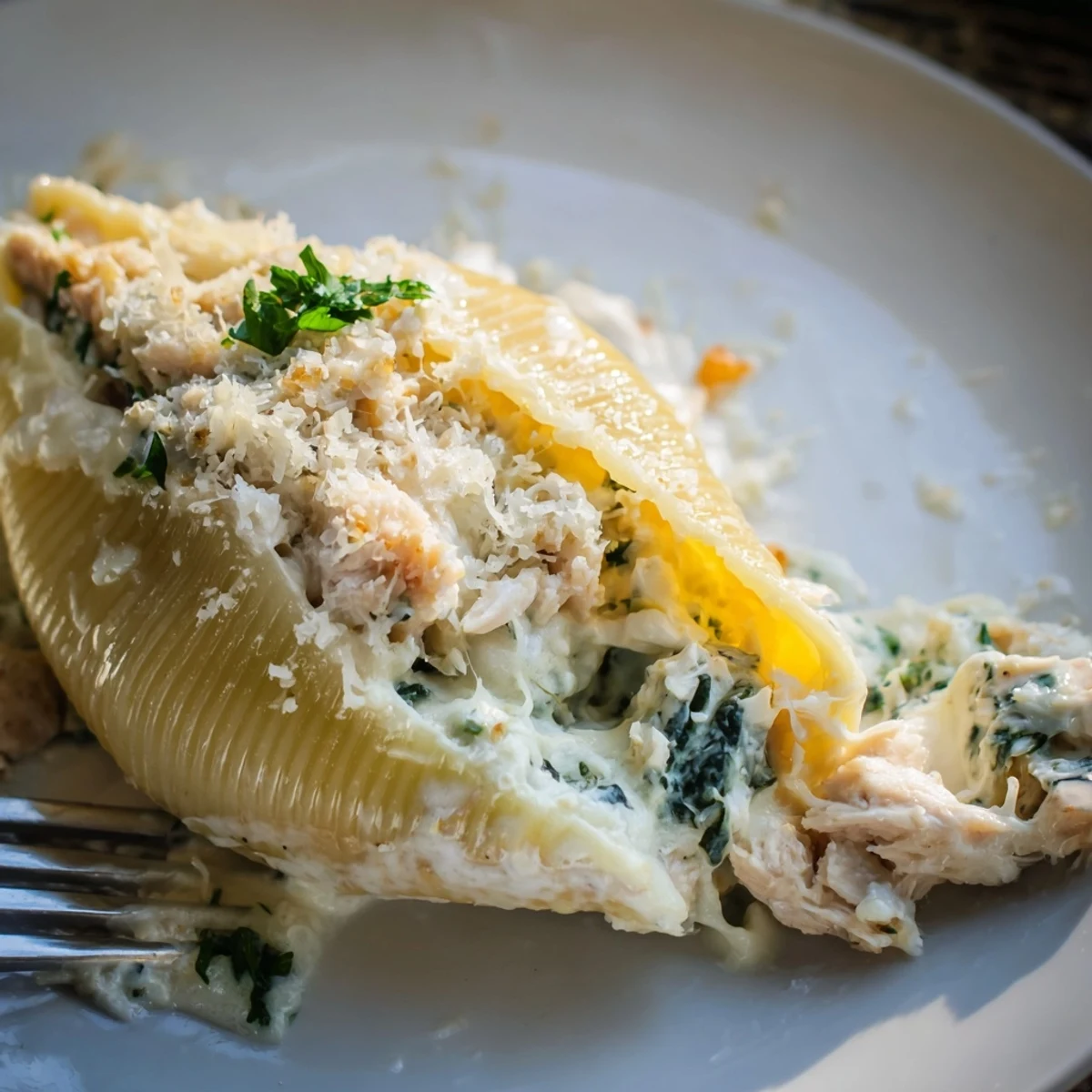 Freshly garnished Chicken Alfredo Stuffed Shells with Spinach served with crusty bread and a sprinkle of parsley.