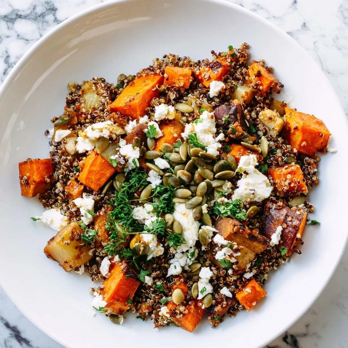 Golden roasted root vegetables and fluffy quinoa make up this Warm Quinoa Salad with Roasted Root Vegetables and Feta.