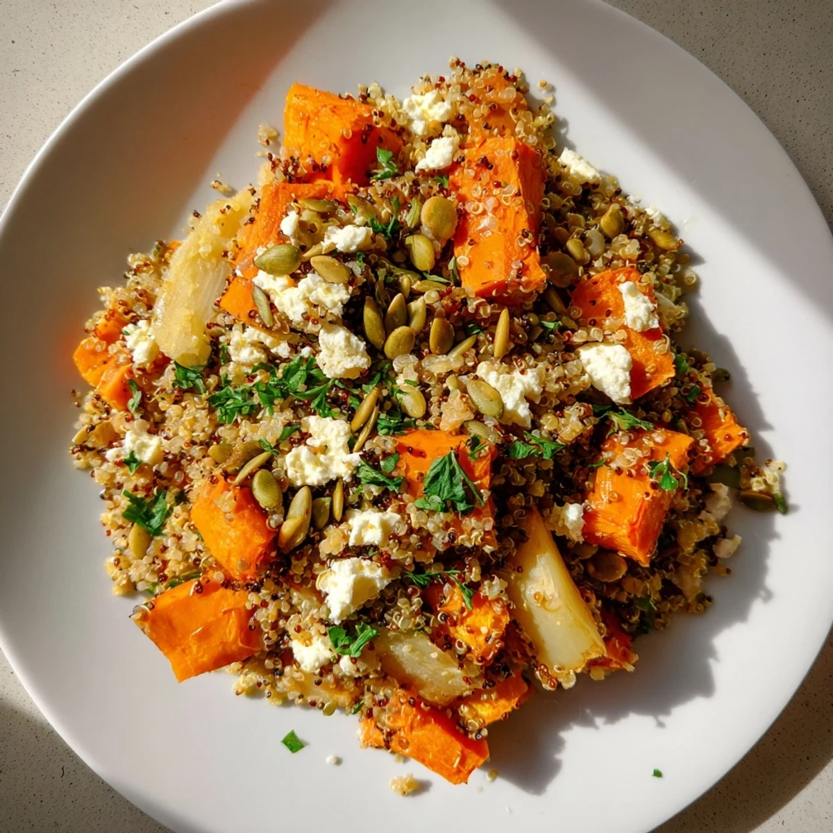 Served in a rustic bowl, this Warm Quinoa Salad with Roasted Root Vegetables and Feta includes toasted pumpkin seeds.
