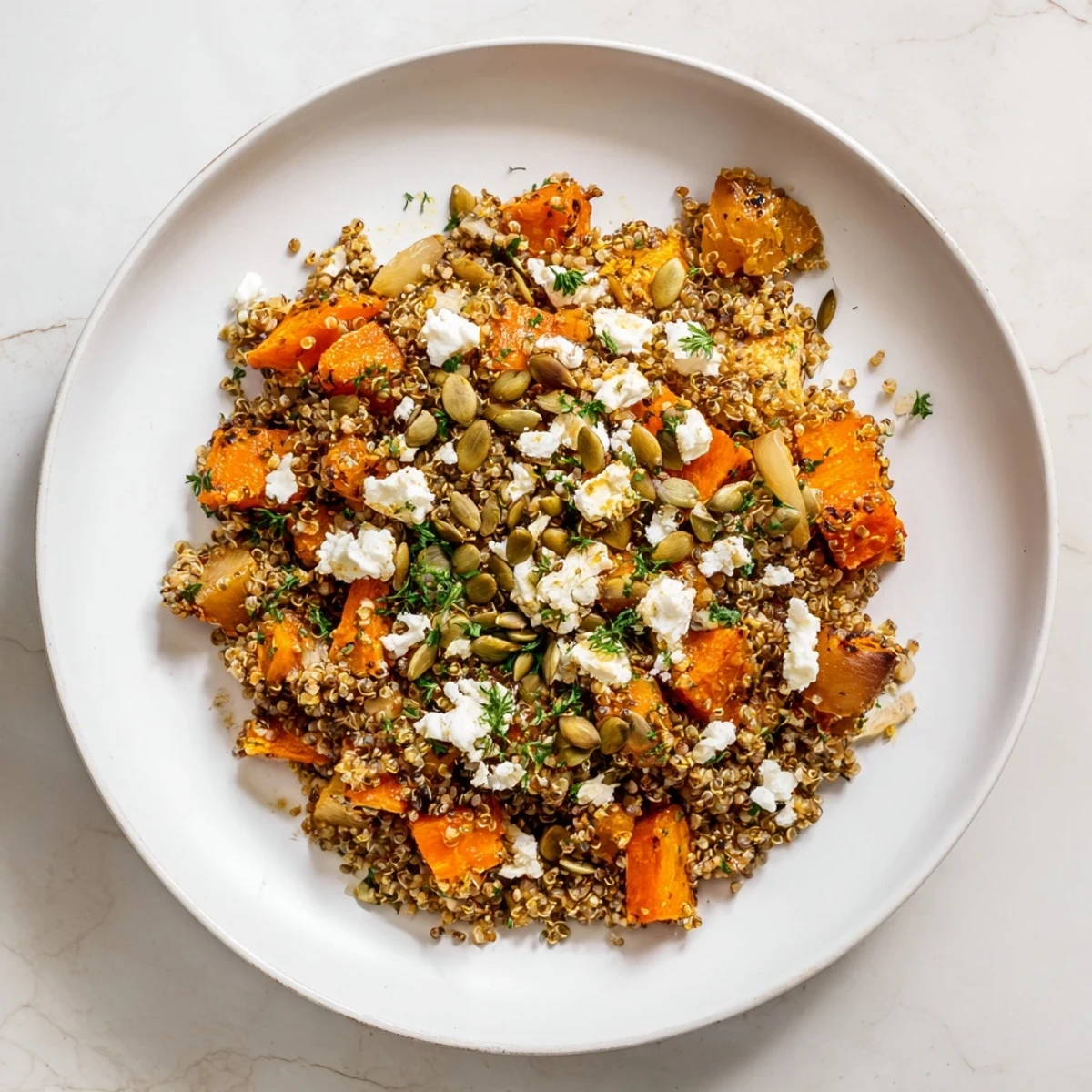 Warm Quinoa Salad with Roasted Root Vegetables and Feta is plated, featuring caramelized carrots and parsnips with crumbled cheese.