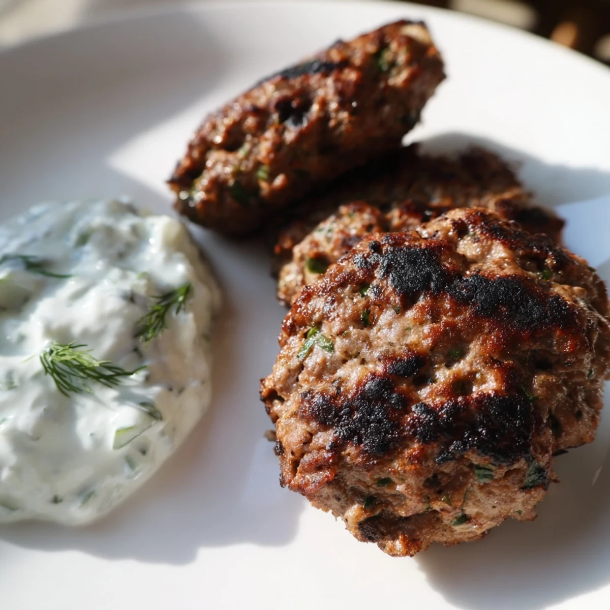 Tender spiced Beef Kofta Kebabs fresh off the grill, served with a cool yogurt dip and warm pita bread.