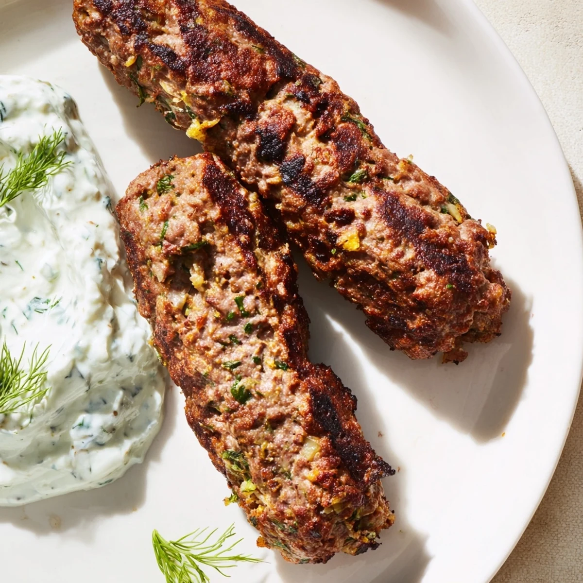 Freshly prepared Beef Kofta Kebabs on skewers with a vibrant green cucumber mint sauce and chopped herbs.