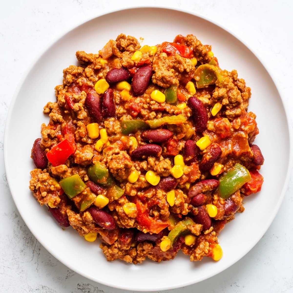 Close-up of Turkey Chili with Kidney Beans, Corn, and Peppers served in a rustic bowl with melted cheese.