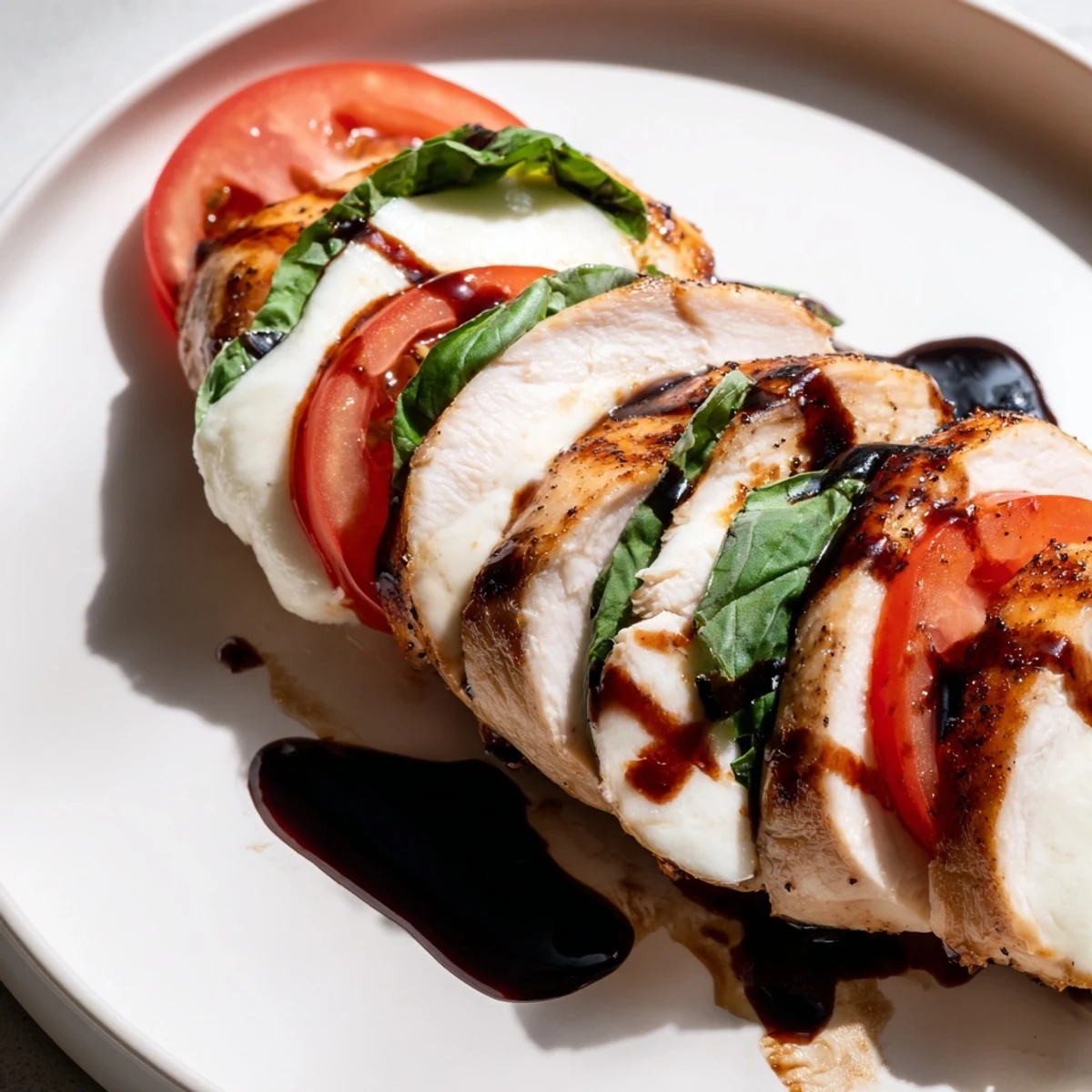 Sliced Caprese Stuffed Chicken Breast served with fresh basil and roasted asparagus.