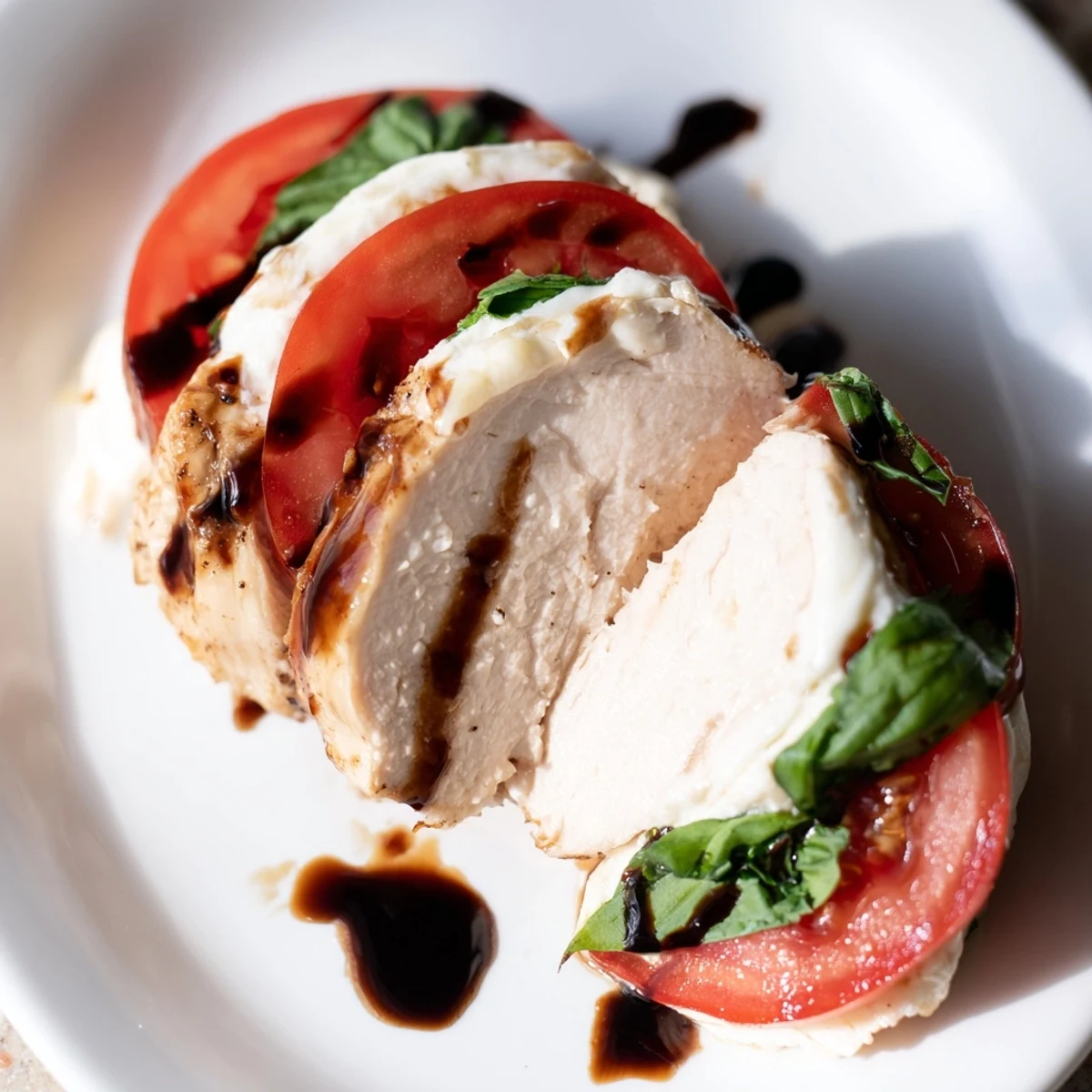 Perfectly seared Caprese Stuffed Chicken Breast drizzled with a glossy balsamic reduction.