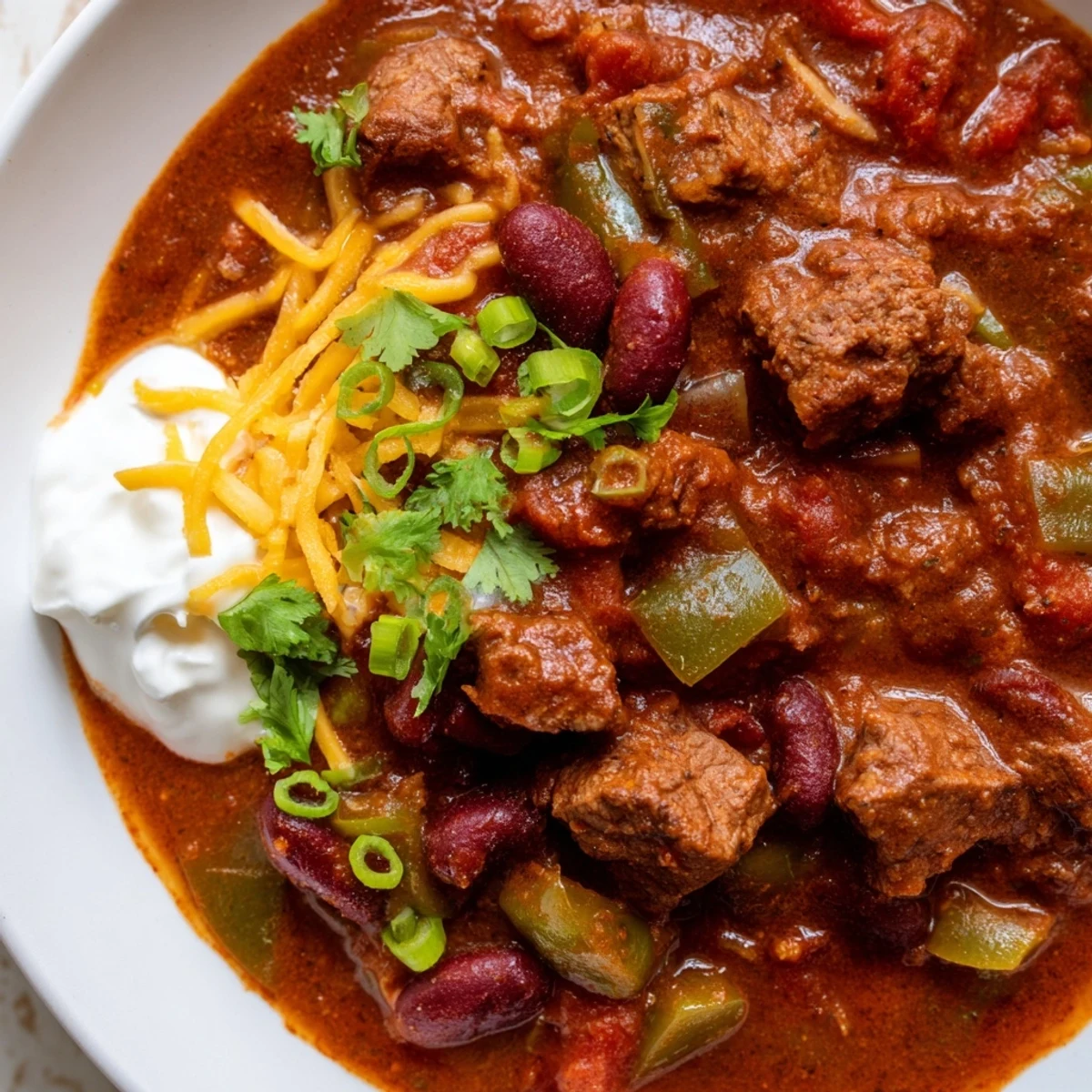 Close-up of tender beef cubes, kidney beans, and rich tomato sauce in Slow Cooker Beef Chili with Kidney Beans and Tomato.