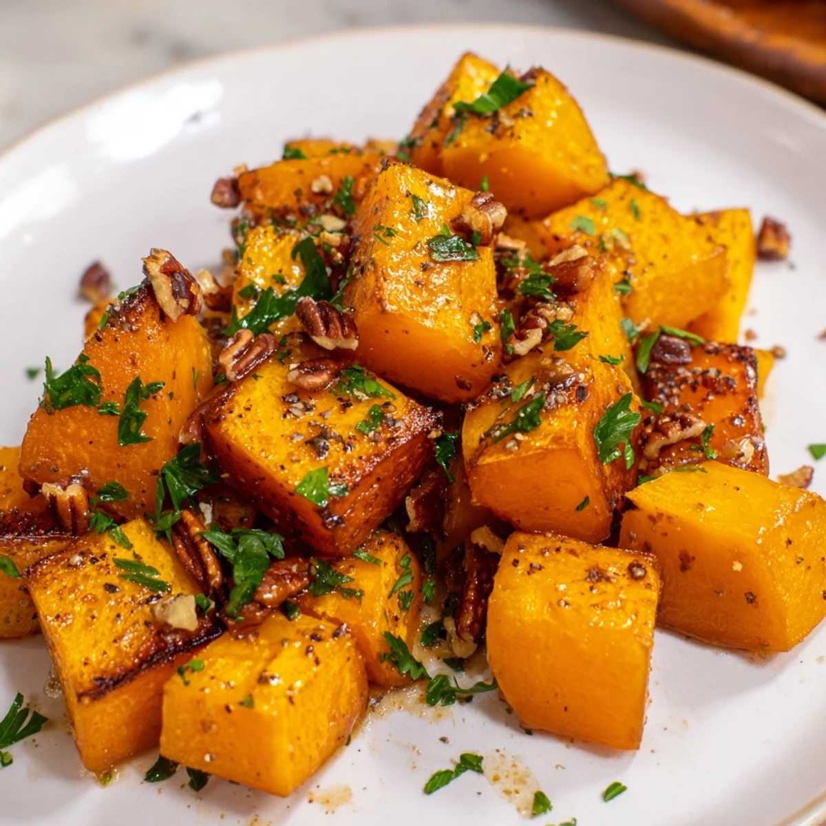 Golden brown roasted butternut squash cubes glistening with maple and cinnamon, ready to serve as a warm side dish.