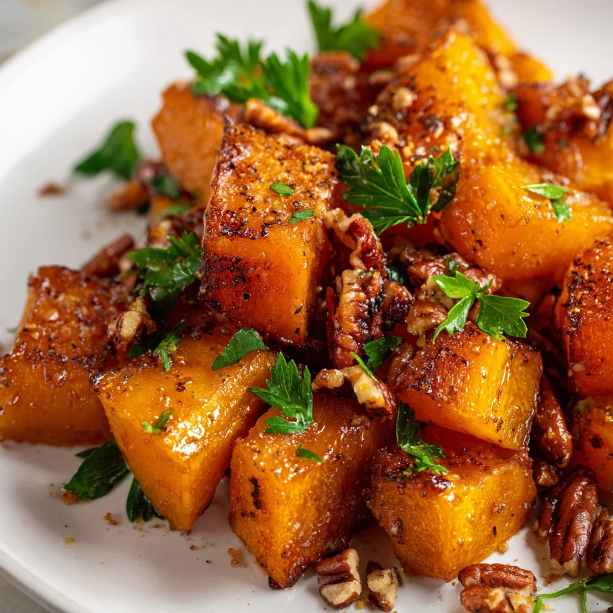 Caramelized cubes of roasted butternut squash with maple and cinnamon, paired with toasted pecans on a rustic wooden table.