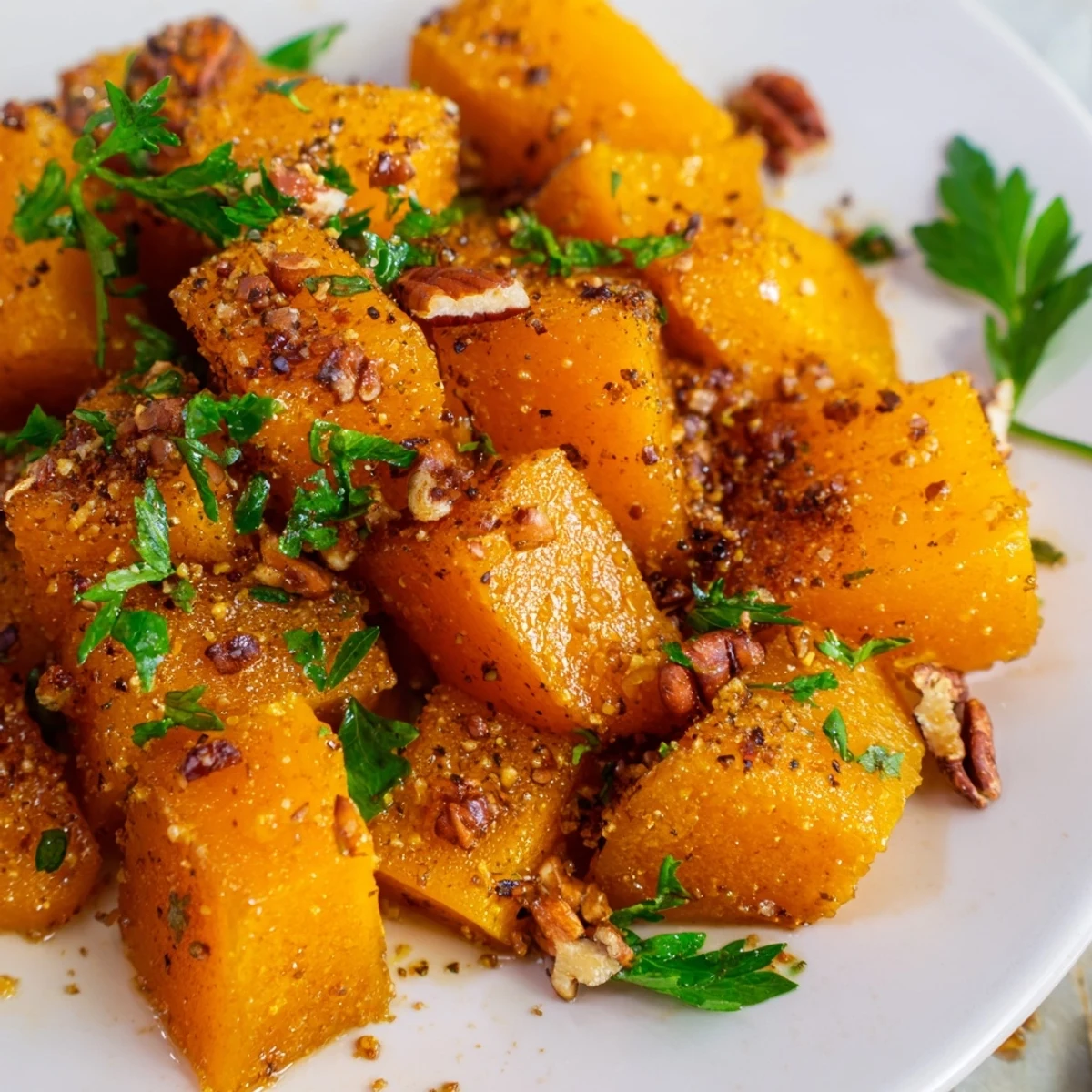 Freshly roasted butternut squash with maple and cinnamon garnished with chopped parsley, steaming on a white ceramic plate.