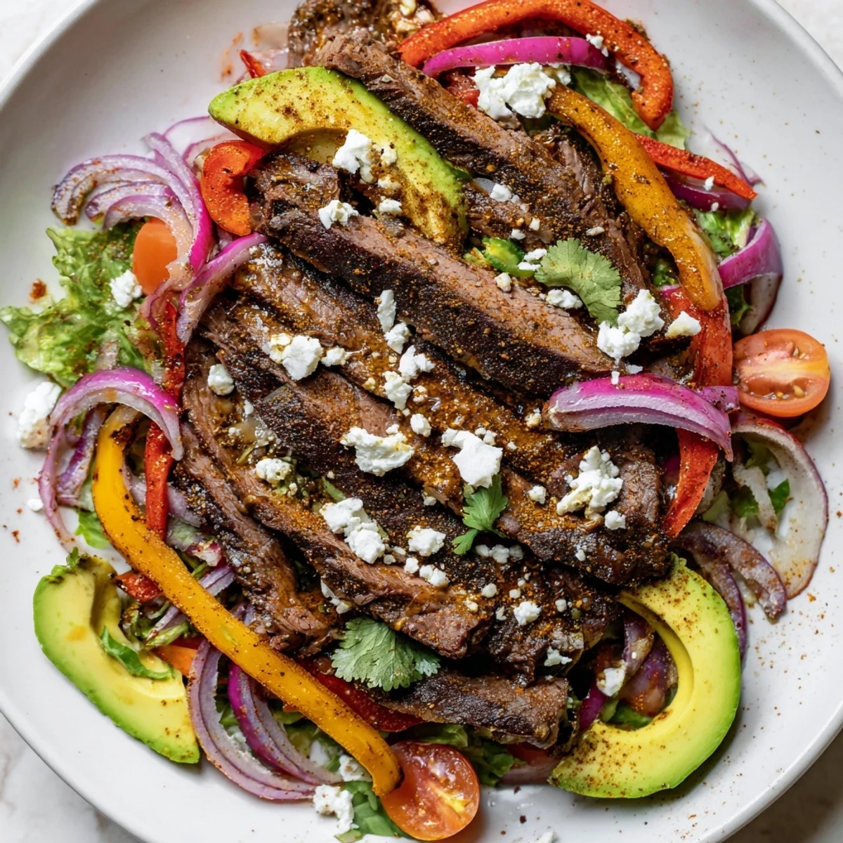 Vibrant bowl of Beef Fajita Salad with grilled steak strips, sautéed peppers, and fresh greens drizzled with lime vinaigrette.