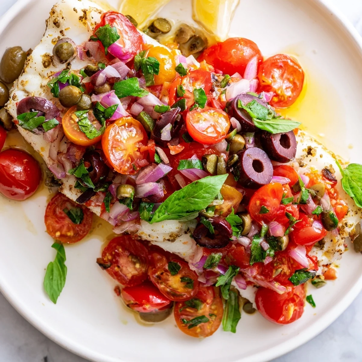 Baked Cod with Tomato and Kalamata Olive Salsa fillets topped with a vibrant red salsa and fresh herbs, served on a white plate with lemon wedges.