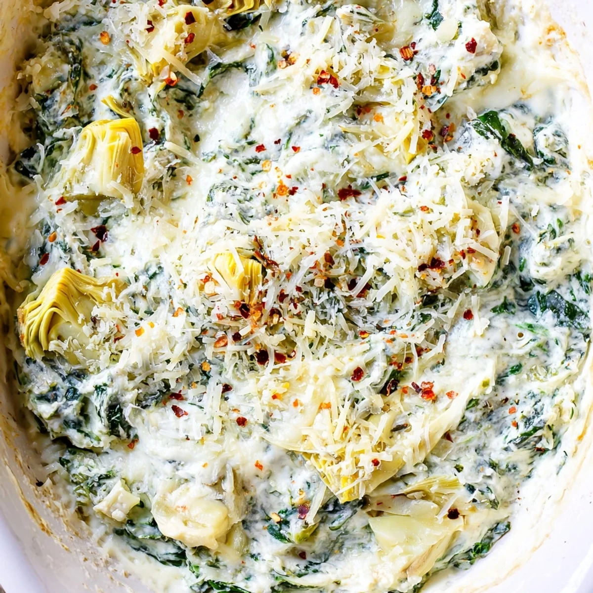 Golden, bubbly Creamy Spinach and Artichoke Dip is served warm with crisp, toasted baguette slices for dipping.