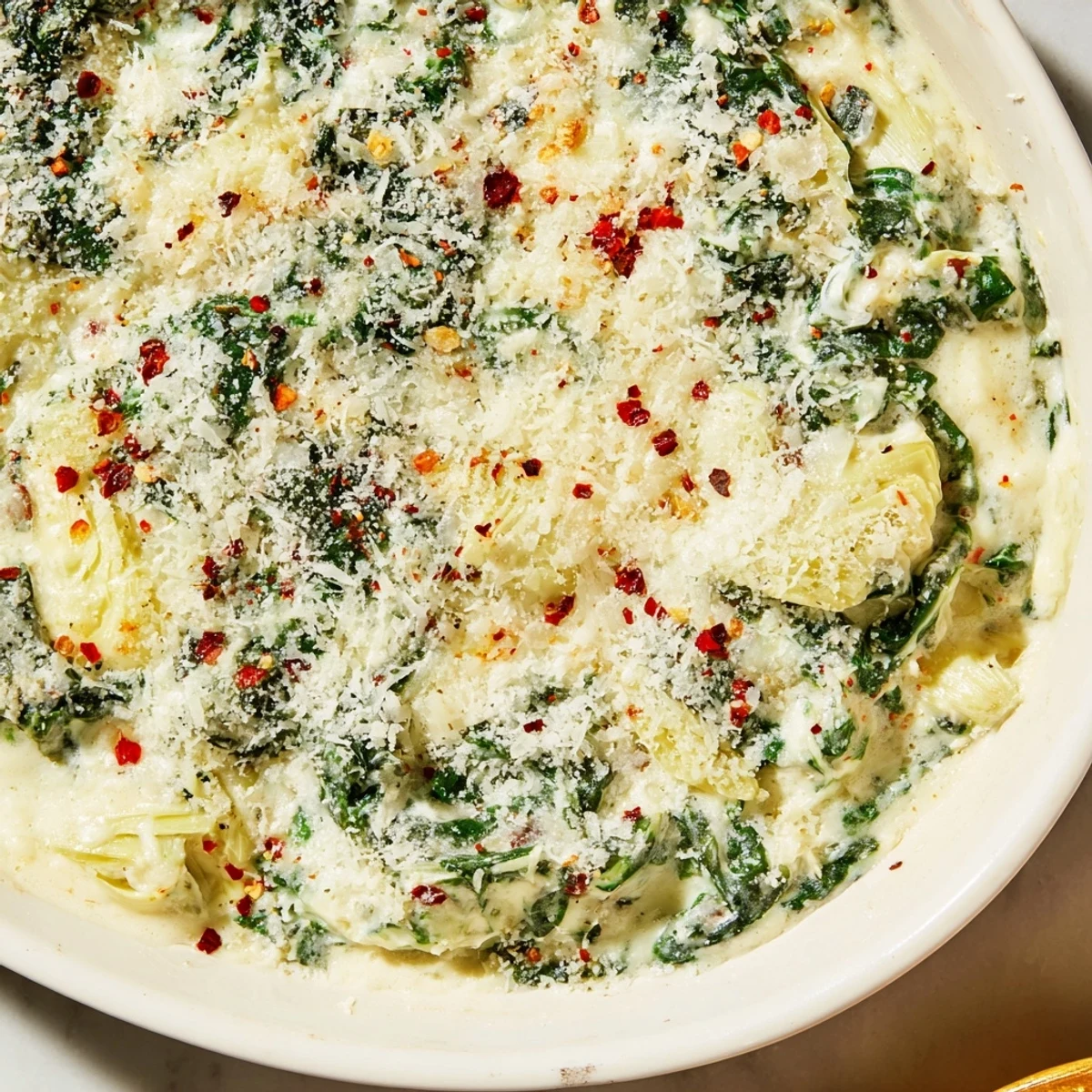 Appetizer-sized portion of Creamy Spinach and Artichoke Dip with warm bread, perfect for a party spread.