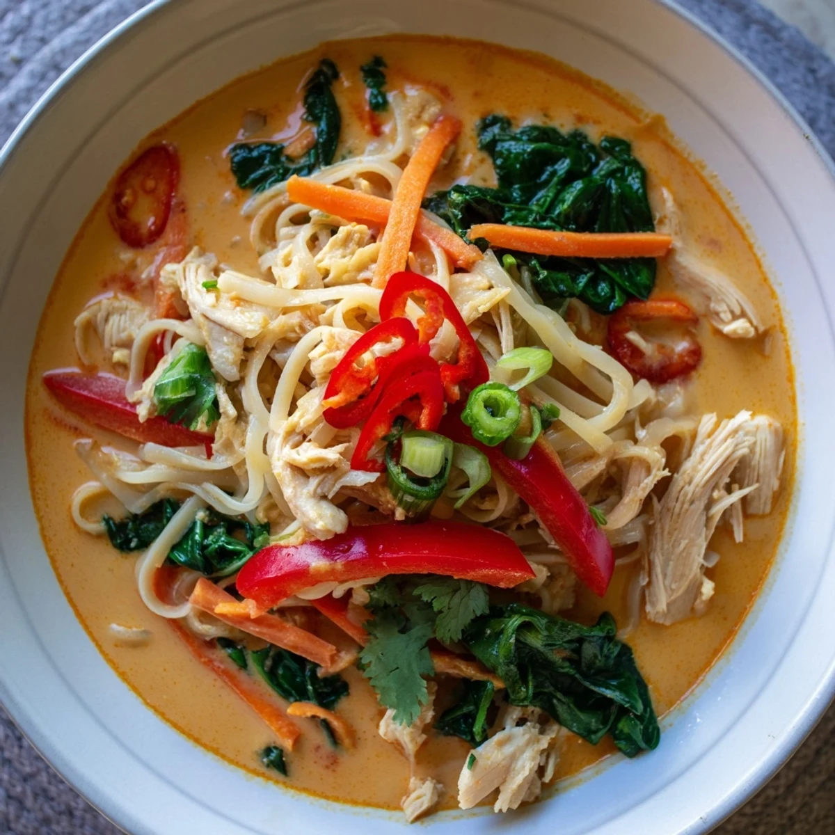 Thai Red Curry Noodle Soup with Chicken served in a rustic bowl, with noodles, sliced chicken, and wilted spinach swimming in aromatic red curry coconut broth.