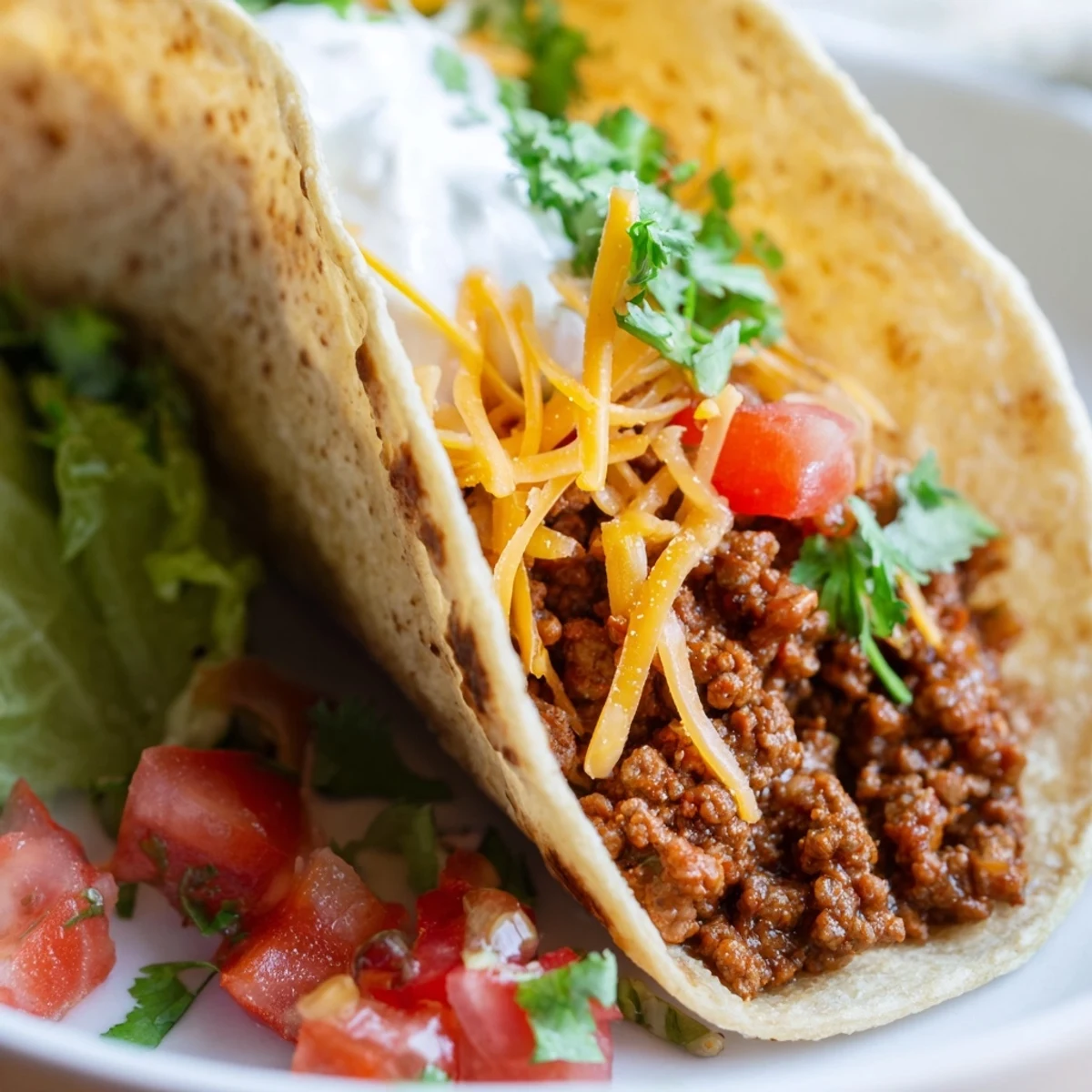 Crispy corn tortillas filled with spiced ground beef, topped with shredded lettuce, diced tomatoes, and a dollop of sour cream.