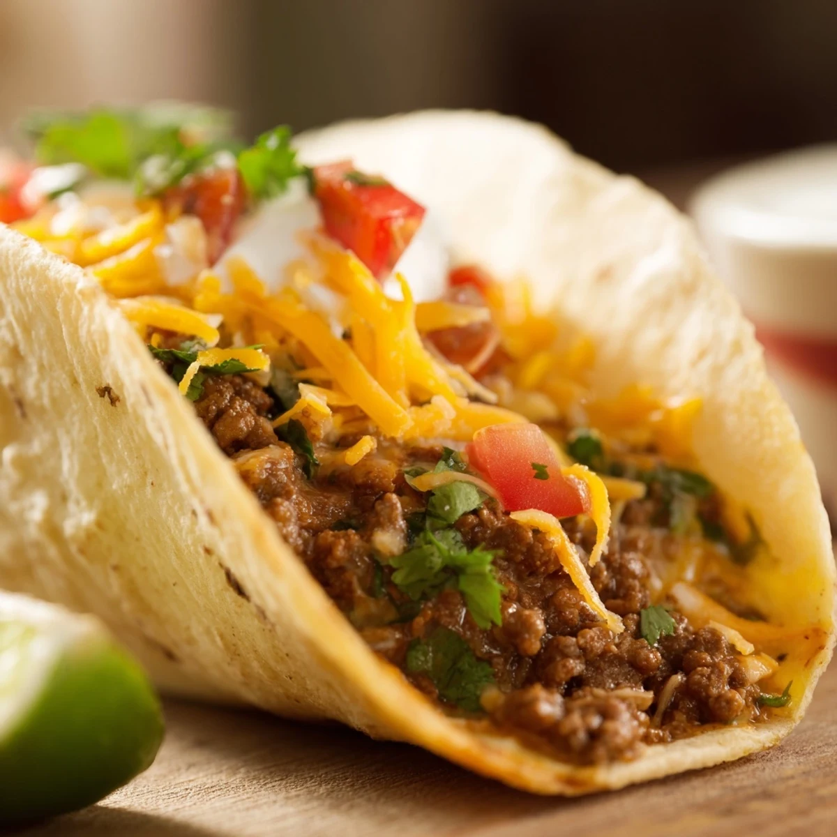 A close-up of juicy Beef Tacos with Homemade Seasoning garnished with fresh cilantro and lime wedges, ready for a family dinner.