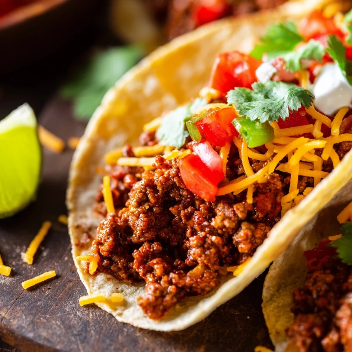 Weeknight dinner platter of Beef Tacos with Homemade Seasoning, featuring melted cheese, fresh veggies, and warm tortillas on a wooden table.