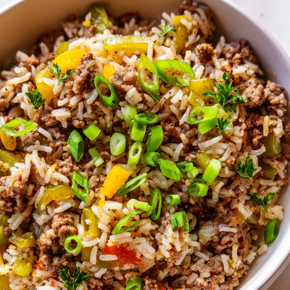 Steaming Mardi Gras Dirty Rice with ground beef showcases aromatic vegetables, Cajun spices, and fluffy long-grain rice in a skillet.