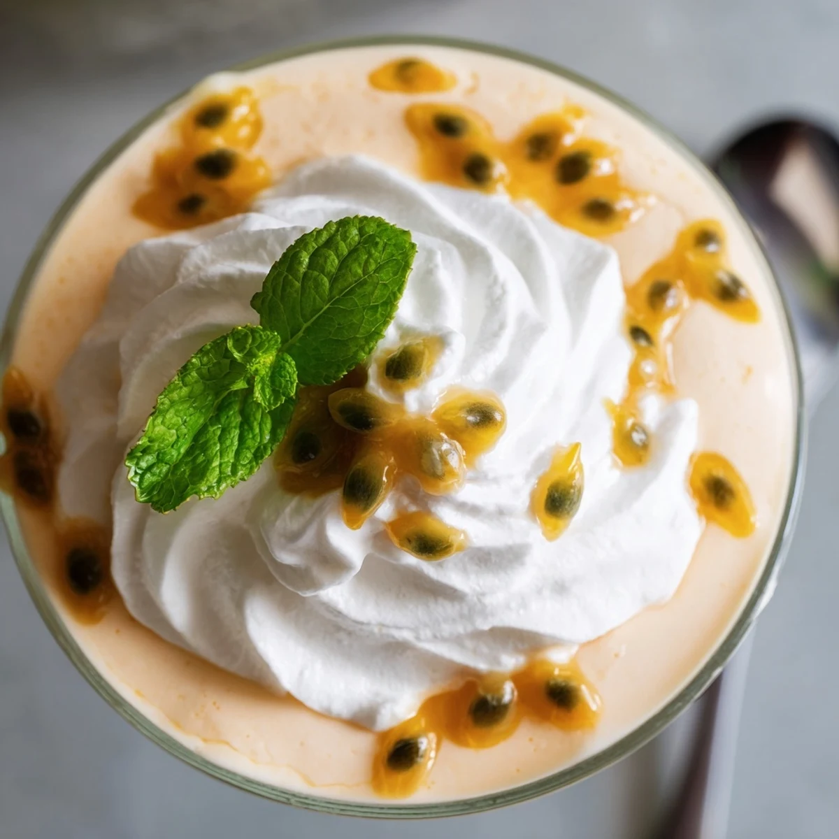 A glass of Passion Fruit Mousse with Whipped Cream, topped with fluffy cream and fresh mint leaves for a vibrant, tropical dessert.
