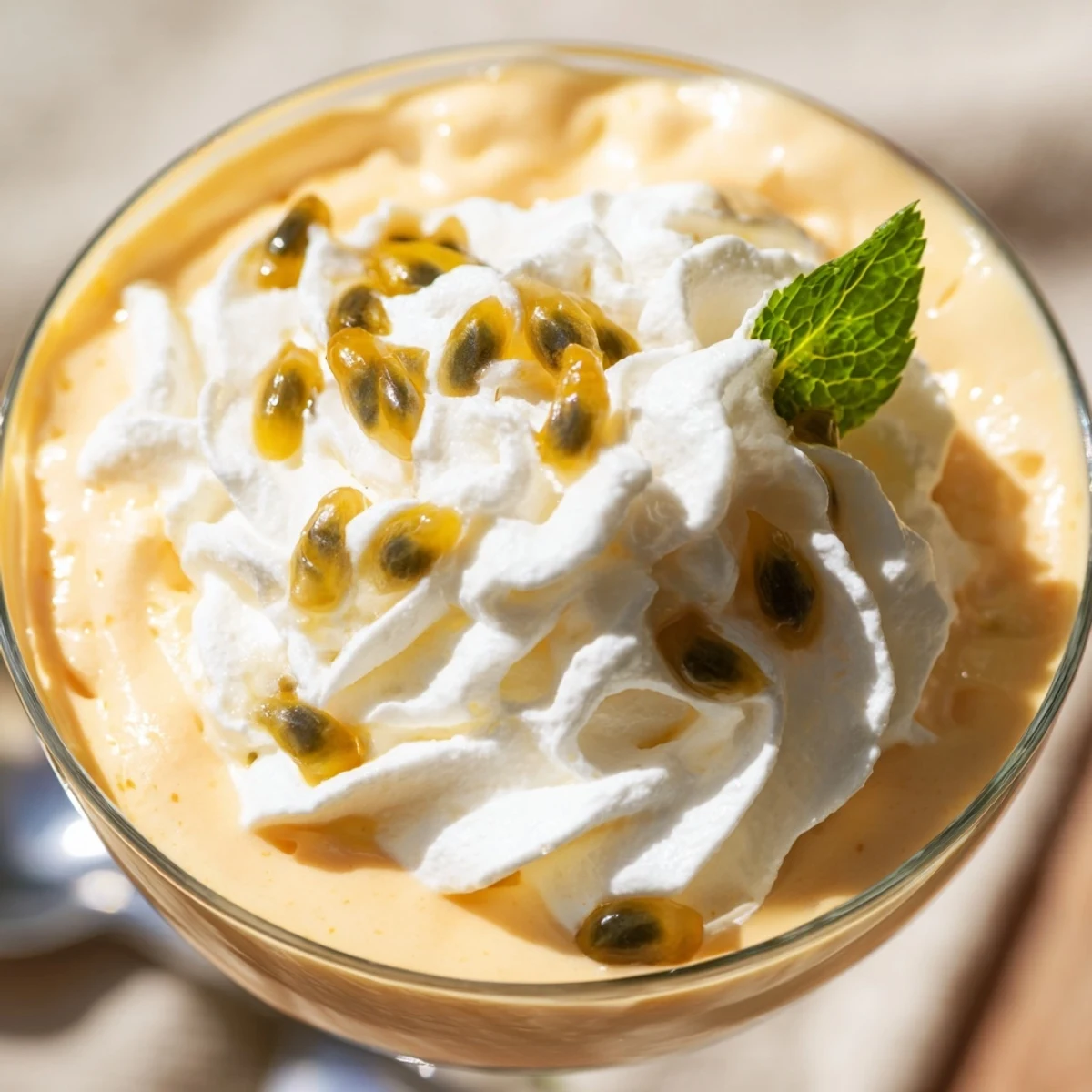 Close-up of Passion Fruit Mousse with Whipped Cream, showing the creamy texture and airy whipped topping in a clear dessert glass.