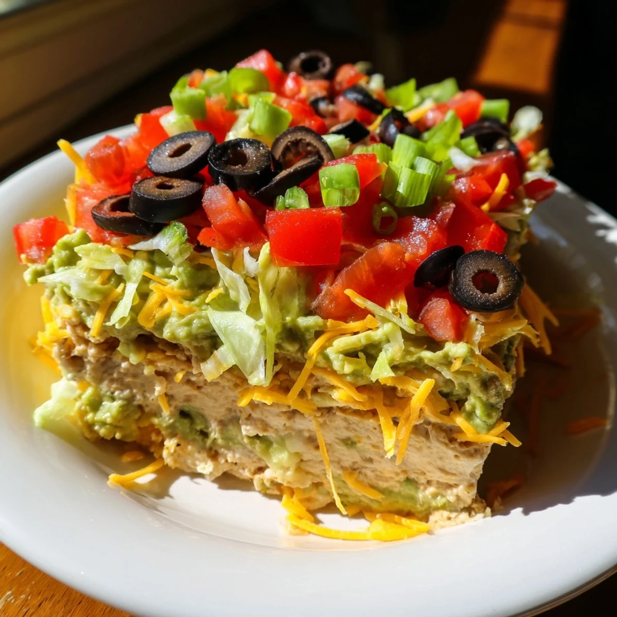 A festive game day platter of End Zone Seven Layer Taco Dip with vibrant, fresh toppings, perfect for scooping with crispy tortilla chips on a wooden table.