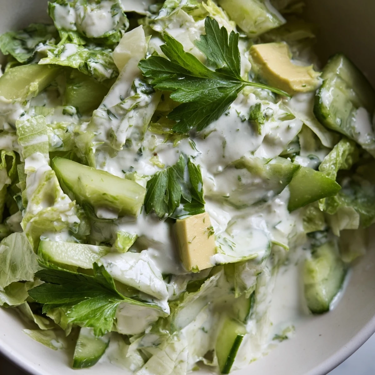 Appetizing overhead view of the Green Goddess Salad with cucumbers and bell peppers, highlighting the thick, homemade Green Goddess Dressing.