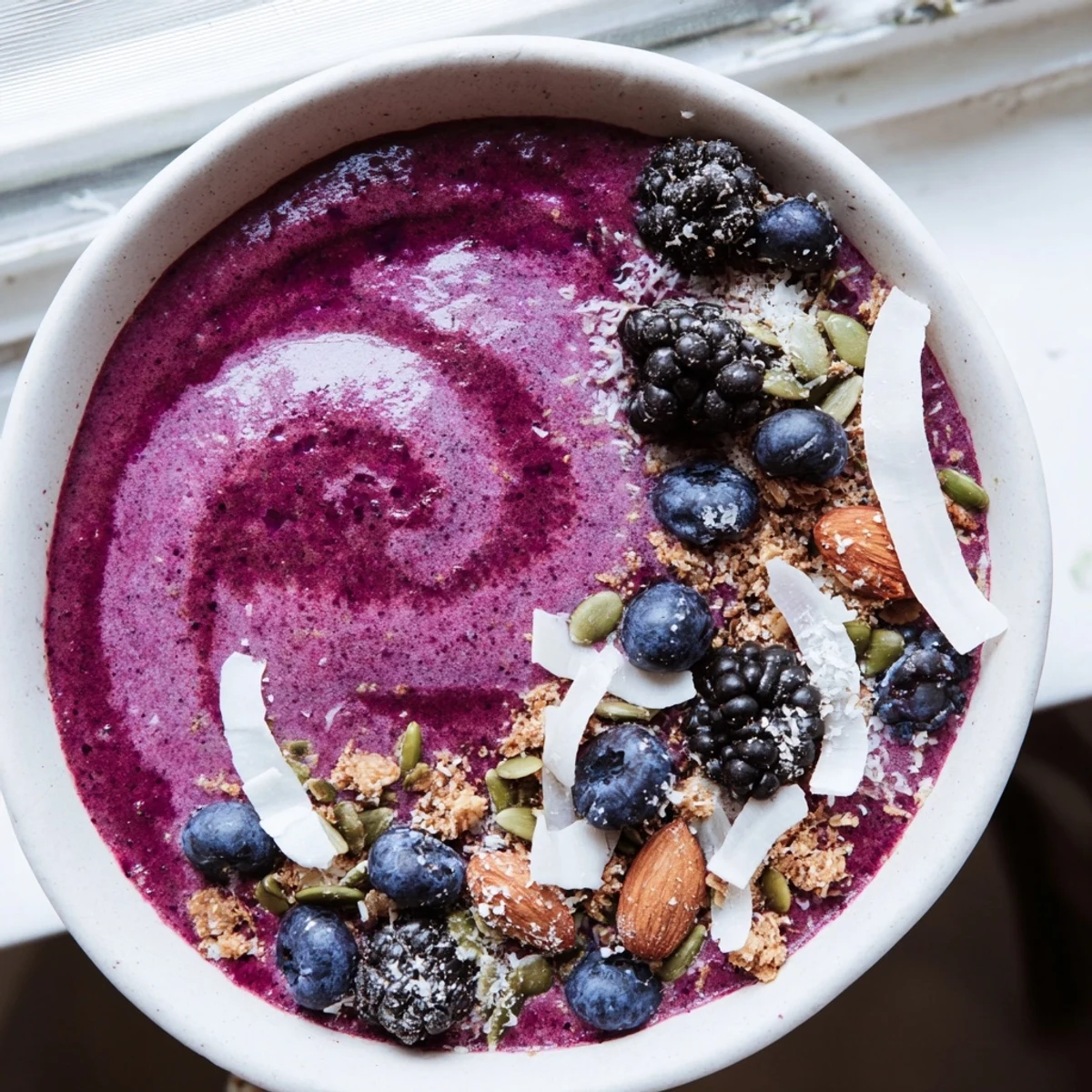 Thick, vibrant purple smoothie bowl topped with crunchy granola, fresh berries, and chia seeds for a nourishing breakfast.  