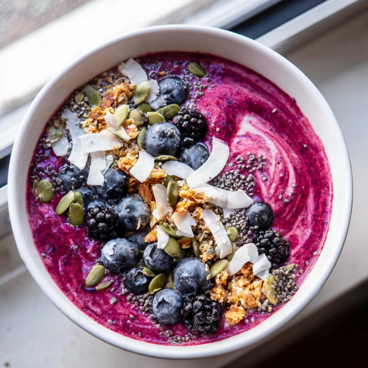 Winter Berry Smoothie Bowl with granola piled high on creamy blended berries and banana, served in a white ceramic bowl.  