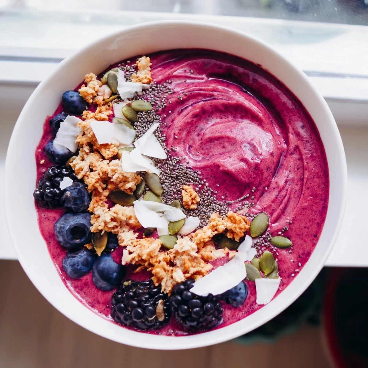 Vibrant winter berry smoothie bowl garnished with pumpkin seeds and coconut flakes, offering a colorful and antioxidant-rich morning meal.
