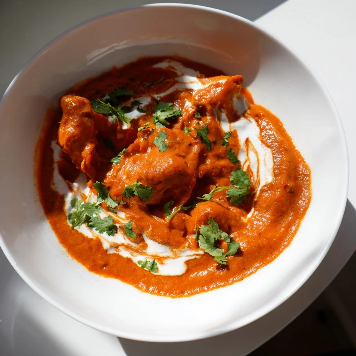 Hearty bowl of Slow Cooker Chicken Tikka Masala with tender chicken in a rich, spiced tomato sauce and a side of naan.  