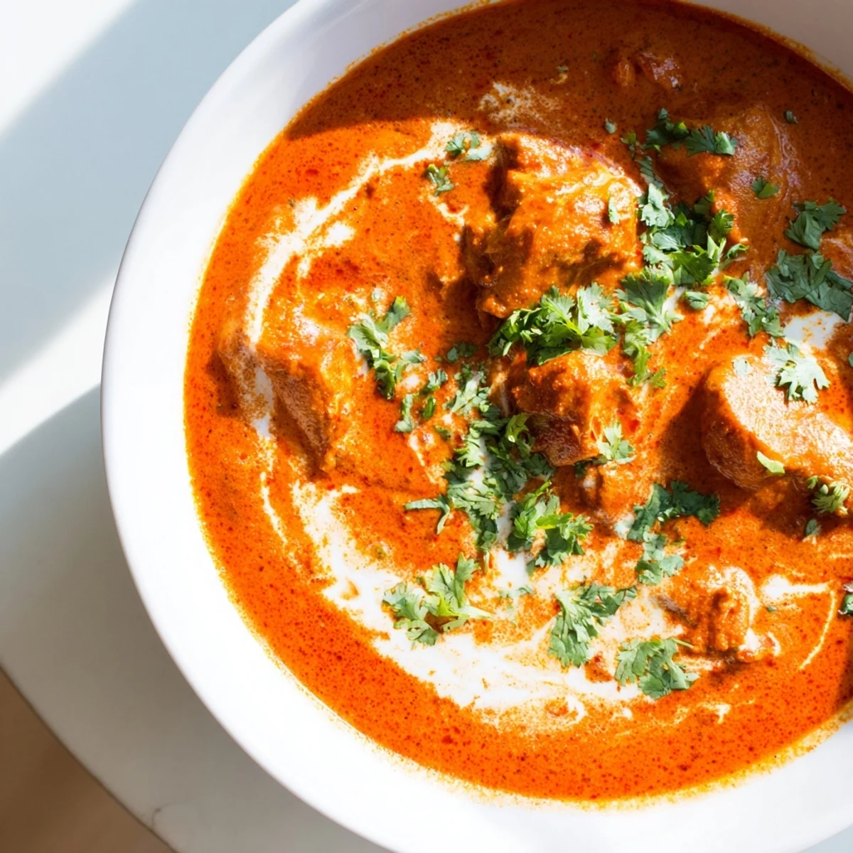 Slow Cooker Chicken Tikka Masala in a white bowl, steaming with vibrant red-orange sauce and a sprinkle of fresh cilantro.